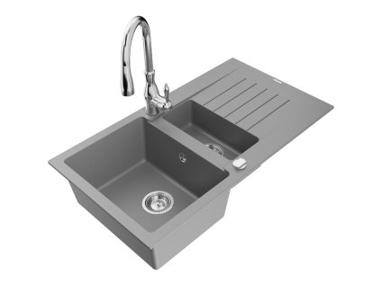 Granitový drez Mexen Matias s 1,5 misy, odkapávačom a batériou Savita, sivý - 6502-71-672601-00