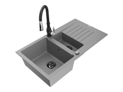 Granitový drez Mexen Matias s 1,5 misy, odkapávačom a batériou Savita, sivý - 6502-71-672601-70-B