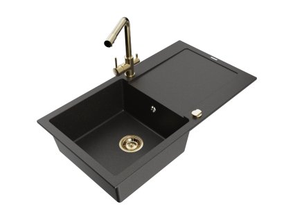 Granitový drez Mexen Leo s 1 misou, odkapávačom a kuchynskou batériou Duero, čierna/zlatá metalíza - 6501-75-671600-50