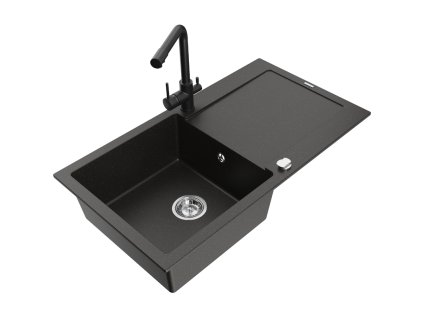 Granitový drez Mexen Leo s 1 misou, odkapávačom a kuchynskou batériou Duero, čierna/zlatá metalíza - 6501-75-671600-70