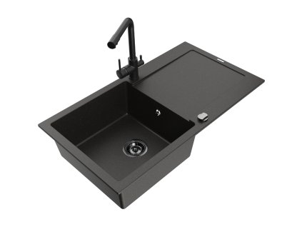 Granitový drez Mexen Leo s 1 misou, odkapávačom a kuchynskou batériou Duero, čierna/zlatá metalíza - 6501-75-671600-70-B