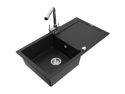 Granitový drez Mexen Leo s 1 misou, odkapávačom a kuchynskou batériou Duero, čierny - 6501-77-671600-00