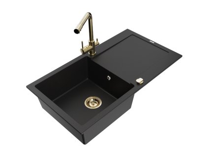 Granitový drez Mexen Leo s 1 misou, odkapávačom a kuchynskou batériou Duero, čierny - 6501-77-671600-50