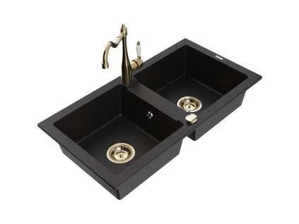 Granitový drez Mexen Mario s 2 misami a kuchynskou batériou Carla, čierny - 6504-77-670700-50