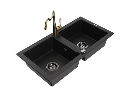 Granitový drez Mexen Mario s 2 misami a kuchynskou batériou Carla, čierny - 6504-77-670700-50-B