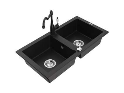 Granitový drez Mexen Mario s 2 misami a kuchynskou batériou Carla, čierny - 6504-77-670700-70