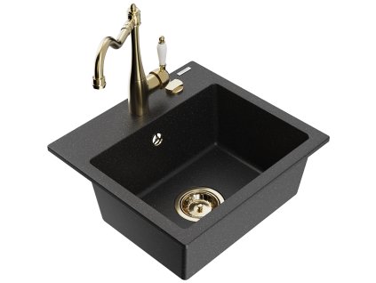 Granitový drez Mexen Milo s 1 misou a kuchynskou batériou Carla, čierna/strieborná metalíza - 6505-73-670700-50