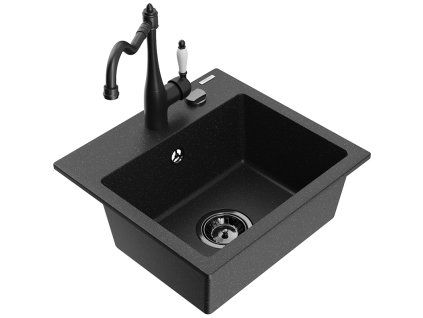 Granitový drez Mexen Milo s 1 misou a kuchynskou batériou Carla, čierna/strieborná metalíza - 6505-73-670700-70-B