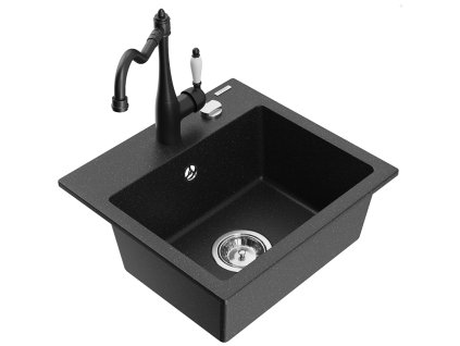 Granitový drez Mexen Milo s 1 misou a kuchynskou batériou Carla, čierna/strieborná metalíza - 6505-73-670700-70