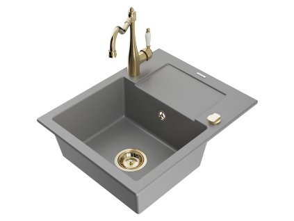 Granitový drez Mexen Enzo s 1 misou, odkapávačom a kuchynskou batériou Carla, sivý - 6506-71-670700-50
