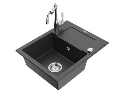 Granitový drez Mexen Enzo s 1 misou, odkapávačom a kuchynskou batériou Carla, čierny bodkovaný - 6506-76-670700-00