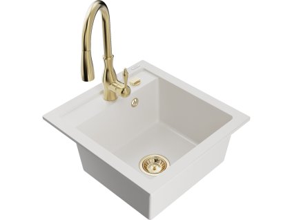 Granitový drez Mexen Vito s 1 misou a kuchynskou batériou Savita, biely - 6503-20-672601-50