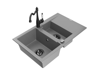 Granitový drez Mexen Gaspar s 1,5 misy, odkapávačom a kuchynskou batériou Carla, sivý - 6507-71-670700-70-B