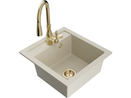 Granitový drez Mexen Vito s 1 misou a kuchynskou batériou Savita, béžový - 6503-69-672601-50