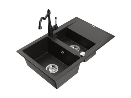 Granitový drez Mexen Gaspar s 1,5 misy, odkapávačom a kuchynskou batériou Carla, čierna/zlatá metalíza - 6507-75-670700-70