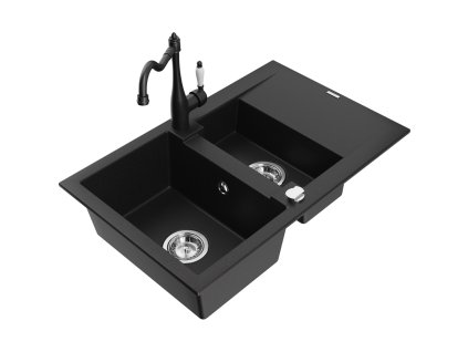 Granitový drez Mexen Gaspar s 1,5 misy, odkapávačom a kuchynskou batériou Carla, čierny - 6507-77-670700-00