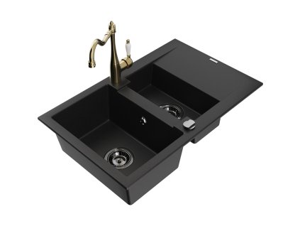 Granitový drez Mexen Gaspar s 1,5 misy, odkapávačom a kuchynskou batériou Carla, čierny - 6507-77-670700-50-B
