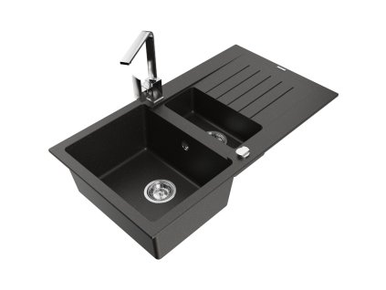Granitový drez Mexen Matias s 1,5 miskou, odkapávačom a kuchynskou batériou Rita, čierna/zlatá - 6502-75-670300-00