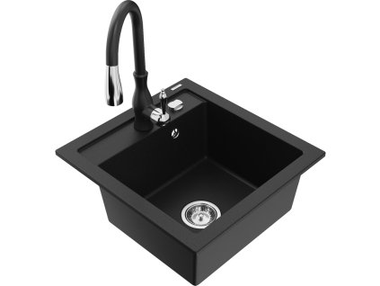 Granitový drez Mexen Vito s 1 misou a kuchynskou batériou Savita, čierny - 6503-77-672601-70