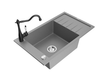 Granitový drez Mexen Elias s 1 misou, odkapávačom a kuchynskou batériou Carla, sivý - 6511-71-670700-70