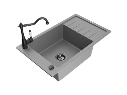 Granitový drez Mexen Elias s 1 misou, odkapávačom a kuchynskou batériou Carla, sivý - 6511-71-670700-70-B