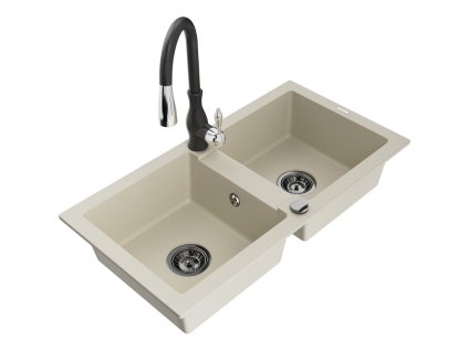 Granitový drez Mexen Mario s 2 miskami a kuchynskou batériou Savita, béžová - 6504-69-672601-70