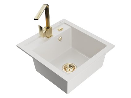 Granitový drez Mexen Vito s 1 misou a kuchynskou batériou Rita, biely - 6503-20-670300-50