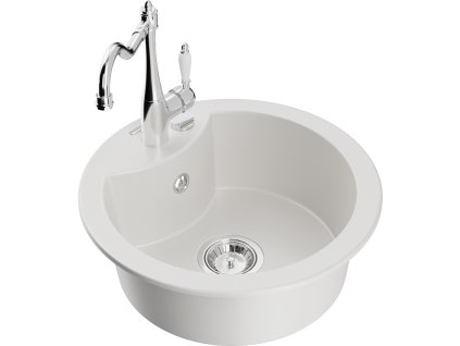 Granitový drez Mexen Diego s 1 misou a kuchynskou batériou Carla, biely - 6512-20-670700-00