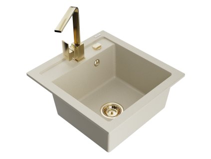 Granitový drez Mexen Vito s 1 misou a kuchynskou batériou Rita, béžový - 6503-69-670300-50