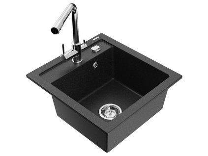 Granitový drez Mexen Vito s 1 misou a kuchynskou batériou Duero, čierna/strieborná metalíza - 6503-73-671600-00