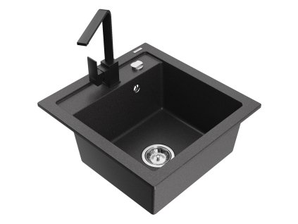 Granitový drez Mexen Vito s 1 misou a kuchynskou batériou Rita, čierna škvrna - 6503-76-670300-70