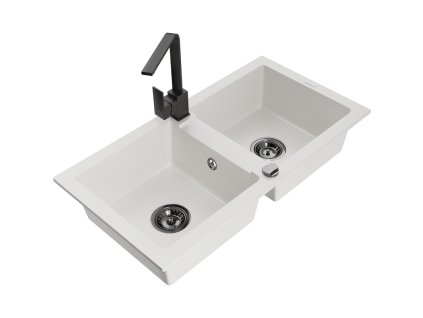 Granitový drez Mexen Mario s 2 misami a kuchynskou batériou Rita, biely - 6504-20-670300-70