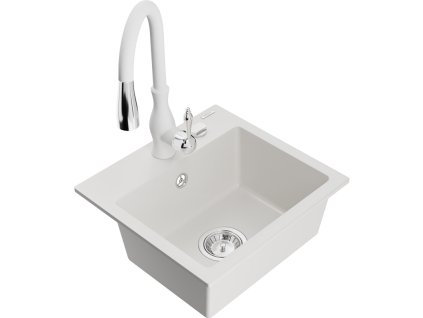 Granitový drez Mexen Milo s 1 misou a kuchynskou batériou Savita, biely - 6505-20-672601-20