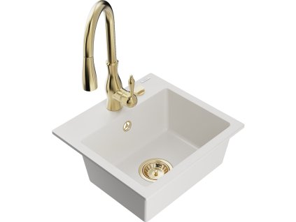 Granitový drez Mexen Milo s 1 misou a kuchynskou batériou Savita, biely - 6505-20-672601-50