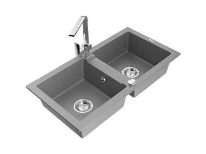Granitový drez Mexen Mario s 2 miskami a kuchynskou batériou Rita, sivý - 6504-71-670300-00