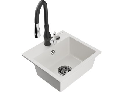 Granitový drez Mexen Milo s 1 misou a kuchynskou batériou Savita, biely - 6505-20-672601-70