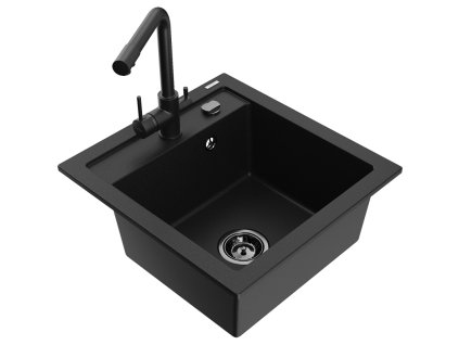Granitový drez Mexen Vito s 1 misou a kuchynskou batériou Duero, čierny - 6503-77-671600-70-B
