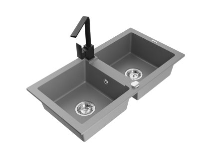 Granitový drez Mexen Mario s 2 miskami a kuchynskou batériou Rita, sivý - 6504-71-670300-70