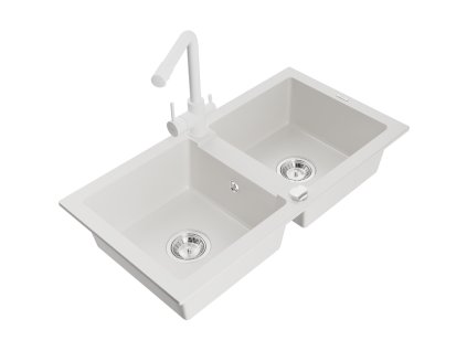 Granitový drez Mexen Mario s 2 misami a kuchynskou batériou Duero, biely - 6504-20-671600-20