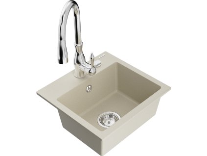 Granitový drez Mexen Milo s 1 misou a kuchynskou batériou Savita, béžový - 6505-69-672601-00