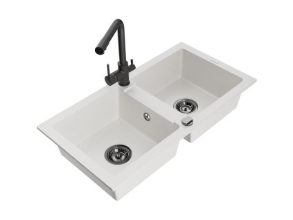 Granitový drez Mexen Mario s 2 misami a kuchynskou batériou Duero, biely - 6504-20-671600-70