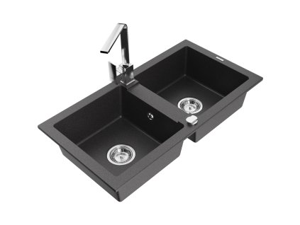 Granitový drez Mexen Mario s 2 misami a kuchynskou batériou Rita, čierna škvrnitá - 6504-76-670300-00