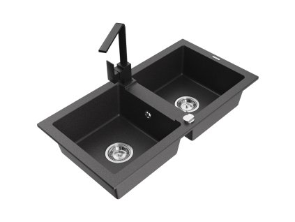 Granitový drez Mexen Mario s 2 misami a kuchynskou batériou Rita, čierna škvrnitá - 6504-76-670300-70