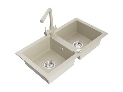 Granitový drez Mexen Mario s 2 miskami a kuchynskou batériou Duero, béžový - 6504-69-671600-69