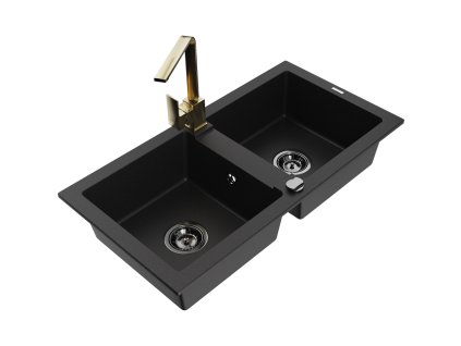 Granitový drez Mexen Mario s 2 misami a kuchynskou batériou Rita, čierny - 6504-77-670300-50-B