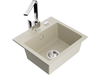 Granitový drez Mexen Milo s 1 misou a kuchynskou batériou Rita, béžový - 6505-69-670300-00