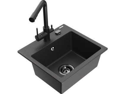 Granitový drez Mexen Milo s 1 misou a kuchynskou batériou Duero, čierna škvrnitá - 6505-76-671600-70-B