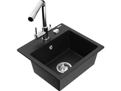 Granitový drez Mexen Milo s 1 misou a kuchynskou batériou Duero, čierny - 6505-77-671600-00
