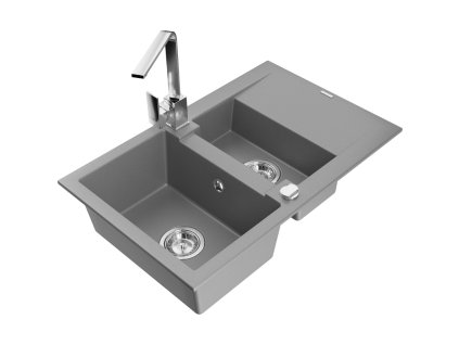 Granitový drez Mexen Gaspar s 1,5 misky, odkapávačom a kuchynskou batériou Rita, sivý - 6507-71-670300-00
