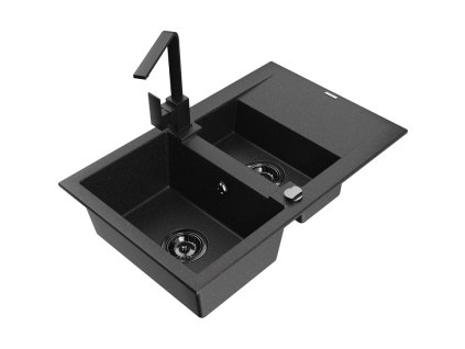 Granitový drez Mexen Gaspar s 1,5 miskou, odkapávačom a kuchynskou batériou Rita, čierny/strieborný - 6507-73-670300-70-B